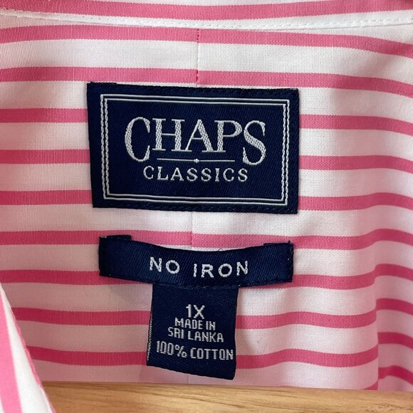 Chaps Classics Womens Plus 1X Pink White Striped No Iron Cotton Button Up Shirt - Picture 3 of 8